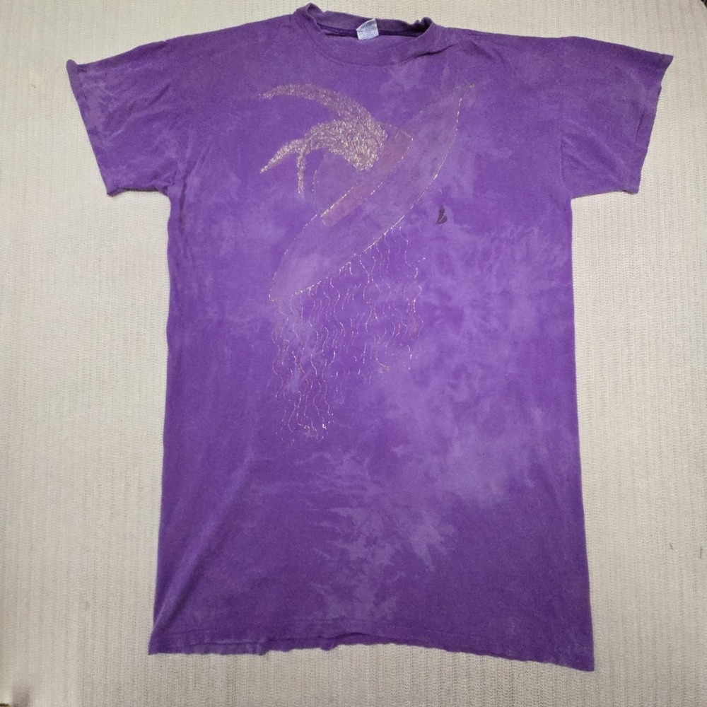 Vintage Cal Cru Shirt Mens One Size Purple Glitter Hat Graphic Tee USA Made 80s